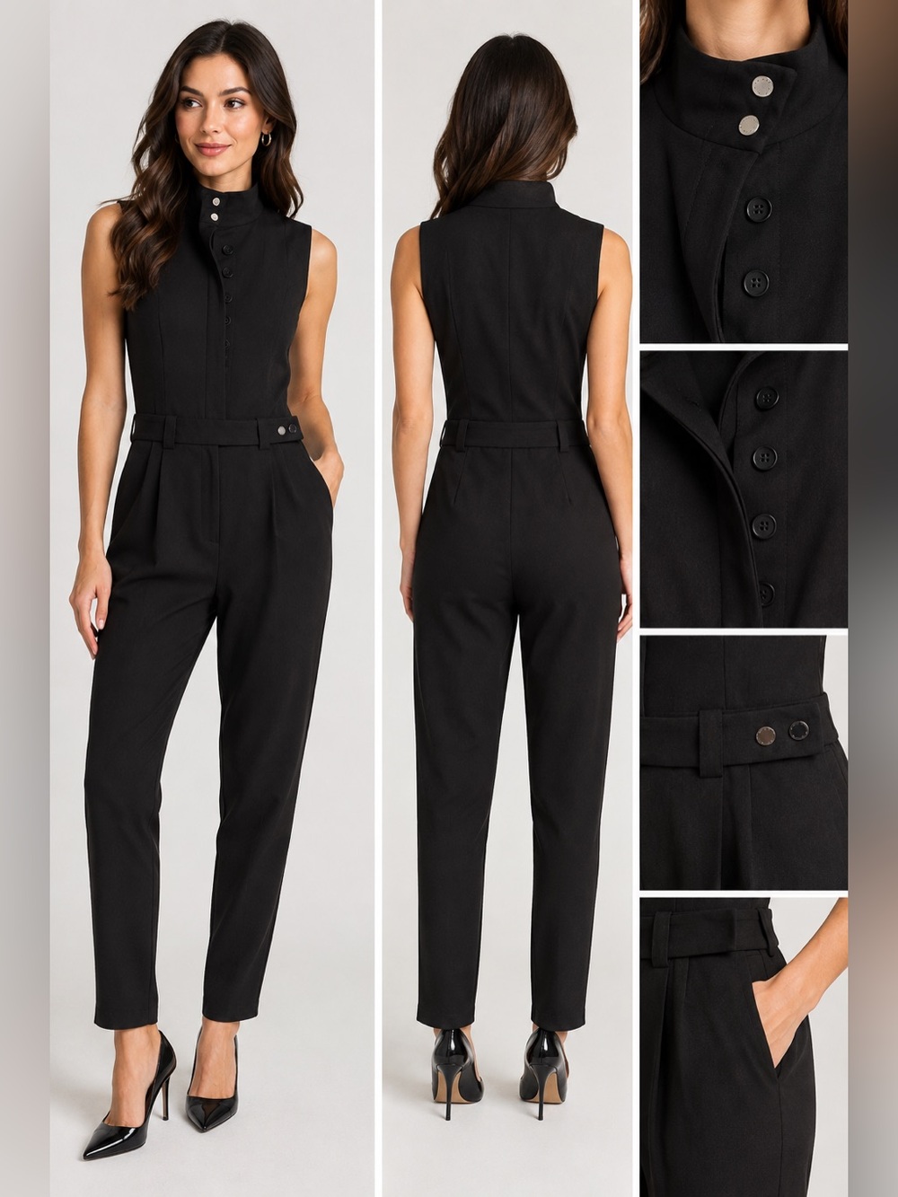 Adolfo Dominguez Black Sleeveless High-Neck Jumpsuit with Belted Waist